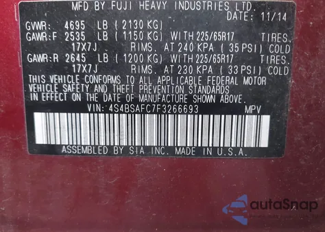 2015 Subaru Outback 2.5I Premium из США, поврежденный, VIN 4S4BSAFC7F3266693